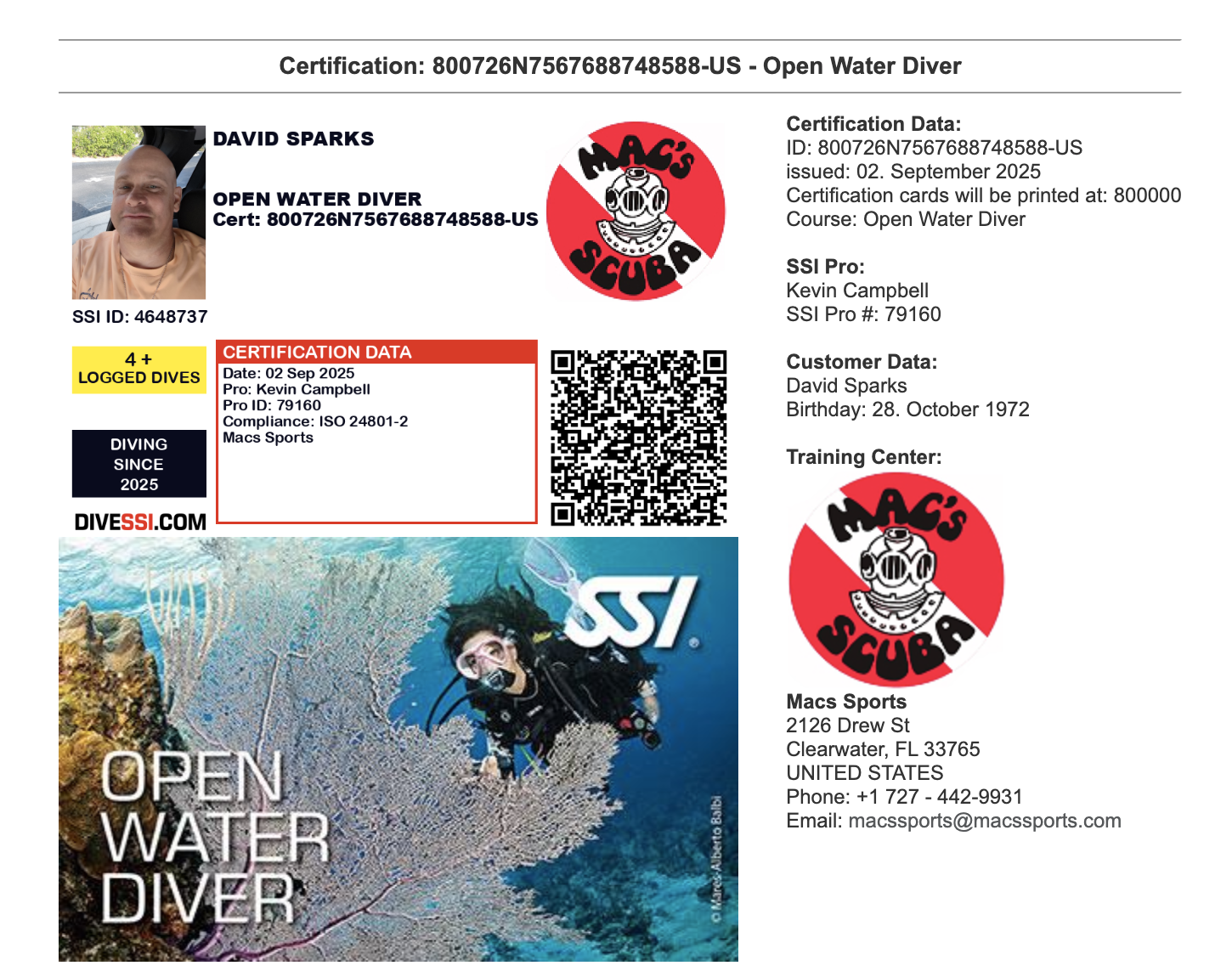 SSI Open Water Diver Certification for David Sparks