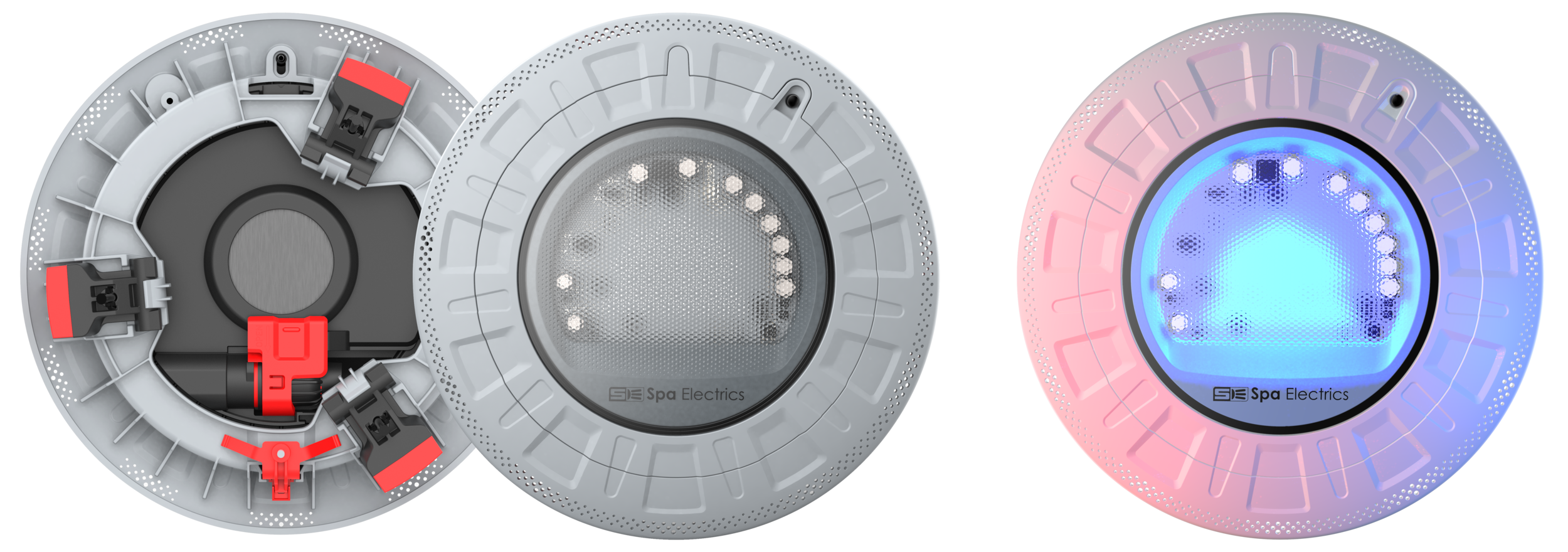 Spa Electrics Retro R10 universal 10-inch replacement pool light showing rear cam-lock mount, front LED array, and illuminated color display